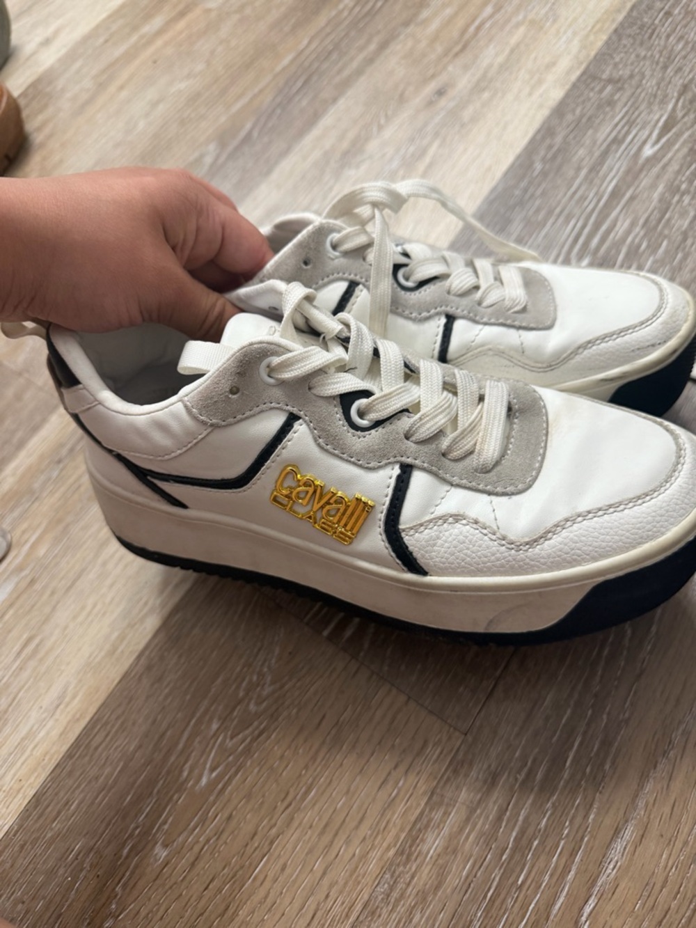 Cavalli Class White Leather Sneakers with Black Trim and Gold Logo